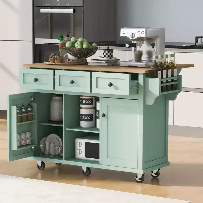 FAMYYT Rolling Green Drop Leaf Wood Top 53 in. Kitchen Island Cart with Storage Racks, Removable Shelves, 5 Wheels