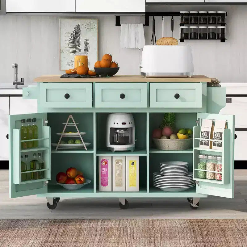FAMYYT Rolling Green Drop Leaf Wood Top 53 in. Kitchen Island Cart with Storage Racks, Removable Shelves, 5 Wheels