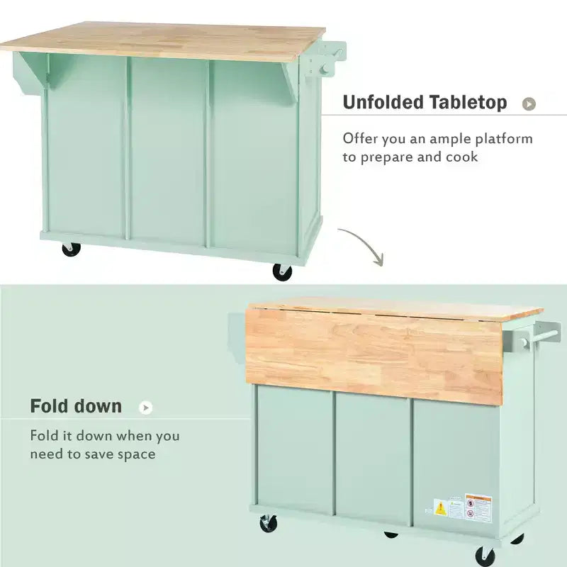 FAMYYT Rolling Green Drop Leaf Wood Top 53 in. Kitchen Island Cart with Storage Racks, Removable Shelves, 5 Wheels