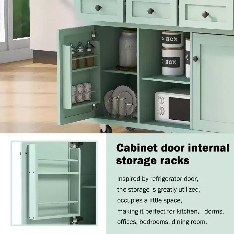 FAMYYT Rolling Green Drop Leaf Wood Top 53 in. Kitchen Island Cart with Storage Racks, Removable Shelves, 5 Wheels
