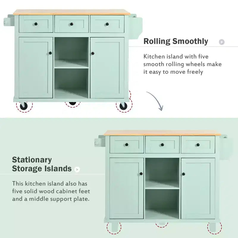 FAMYYT Rolling Green Drop Leaf Wood Top 53 in. Kitchen Island Cart with Storage Racks, Removable Shelves, 5 Wheels