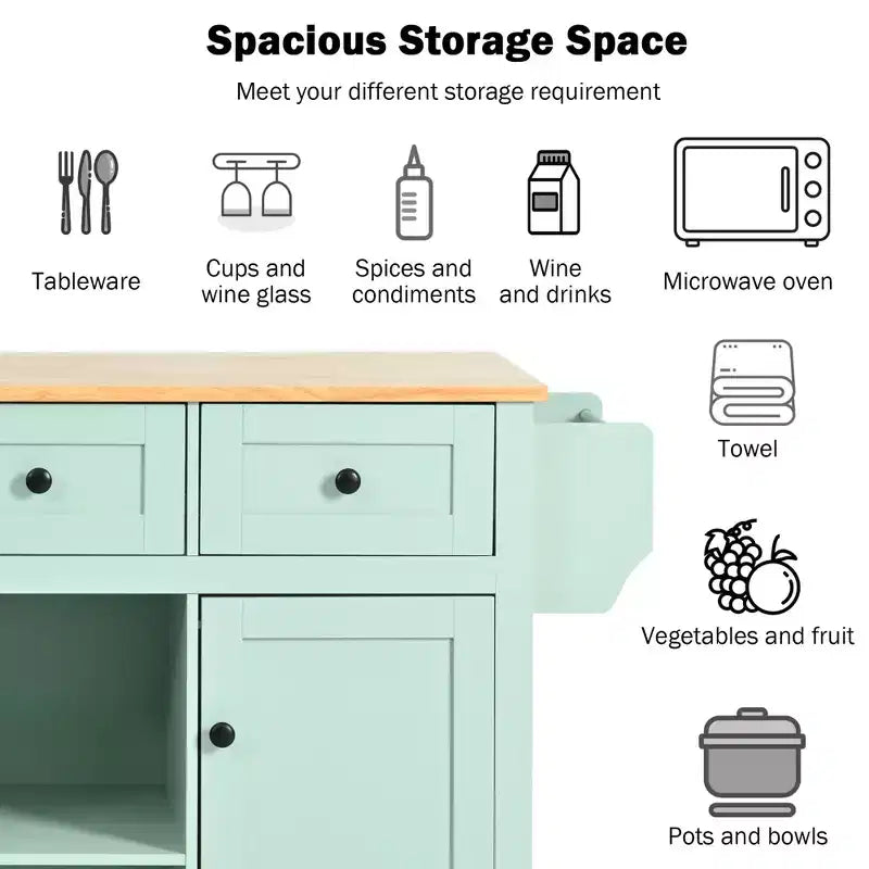 FAMYYT Rolling Green Drop Leaf Wood Top 53 in. Kitchen Island Cart with Storage Racks, Removable Shelves, 5 Wheels