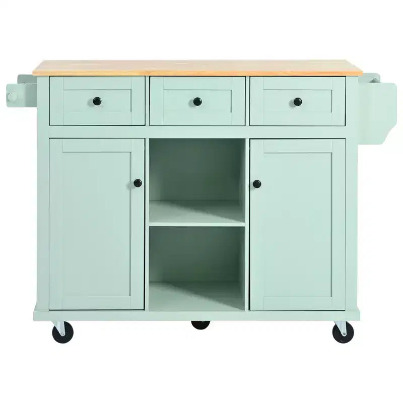 FAMYYT Rolling Green Drop Leaf Wood Top 53 in. Kitchen Island Cart with Storage Racks, Removable Shelves, 5 Wheels