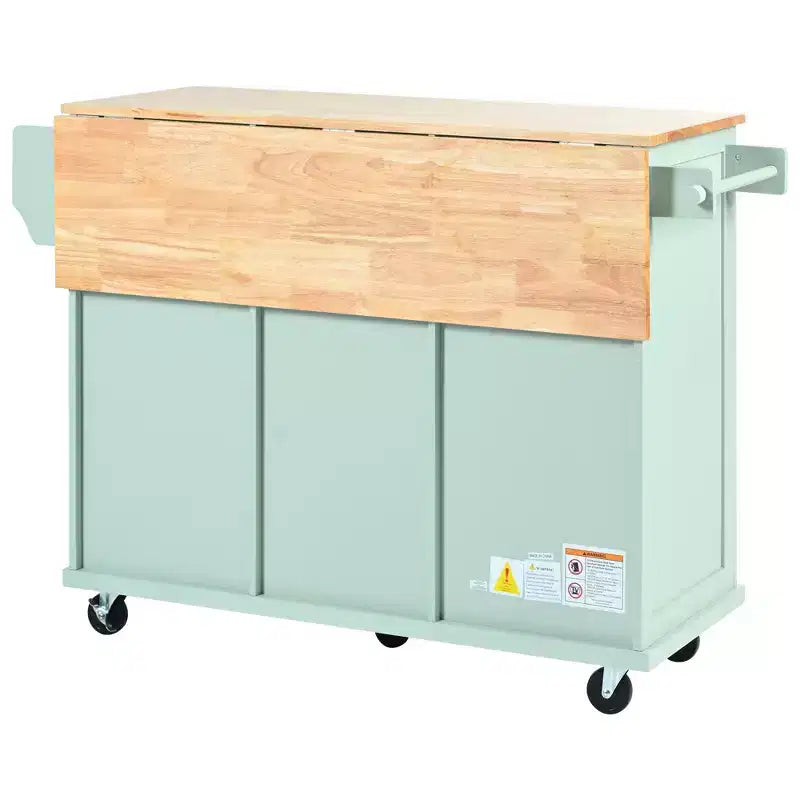 FAMYYT Rolling Green Drop Leaf Wood Top 53 in. Kitchen Island Cart with Storage Racks, Removable Shelves, 5 Wheels