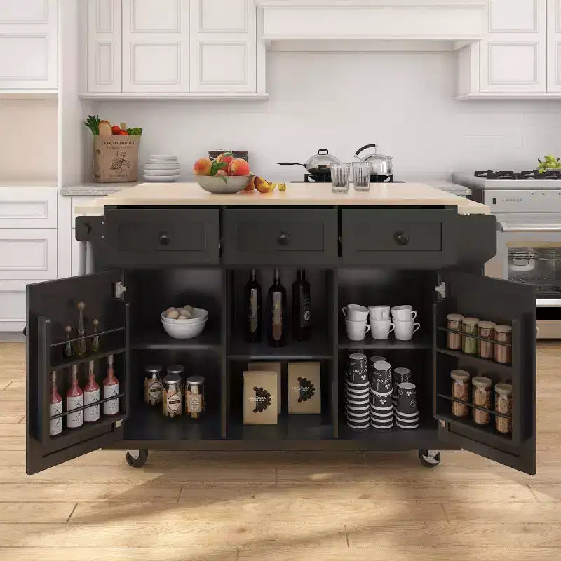 FAMYYT Rolling Green Drop Leaf Wood Top 53 in. Kitchen Island Cart with Storage Racks, Removable Shelves, 5 Wheels