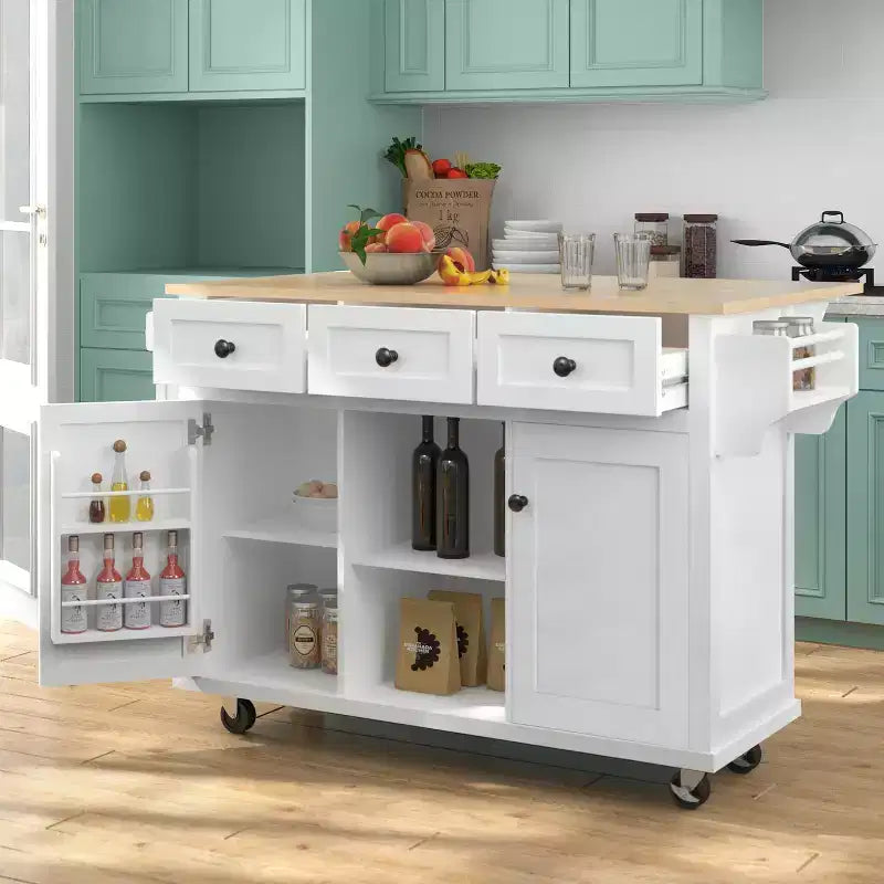 FAMYYT Rolling Green Drop Leaf Wood Top 53 in. Kitchen Island Cart with Storage Racks, Removable Shelves, 5 Wheels