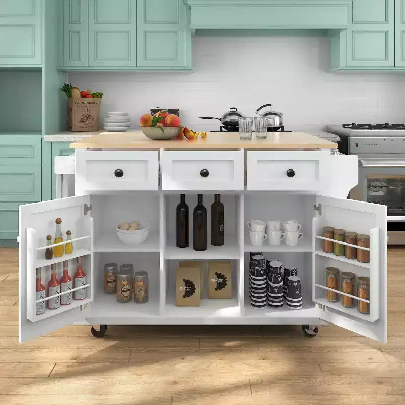 FAMYYT Rolling Green Drop Leaf Wood Top 53 in. Kitchen Island Cart with Storage Racks, Removable Shelves, 5 Wheels