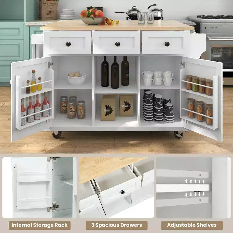 FAMYYT Rolling Green Drop Leaf Wood Top 53 in. Kitchen Island Cart with Storage Racks, Removable Shelves, 5 Wheels
