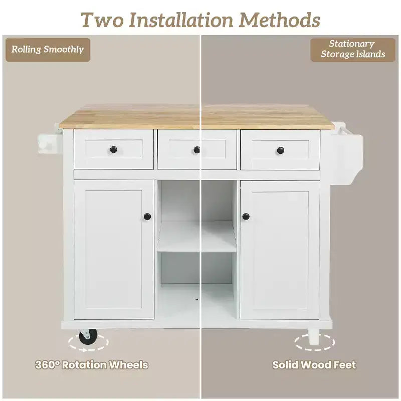 FAMYYT Rolling Green Drop Leaf Wood Top 53 in. Kitchen Island Cart with Storage Racks, Removable Shelves, 5 Wheels