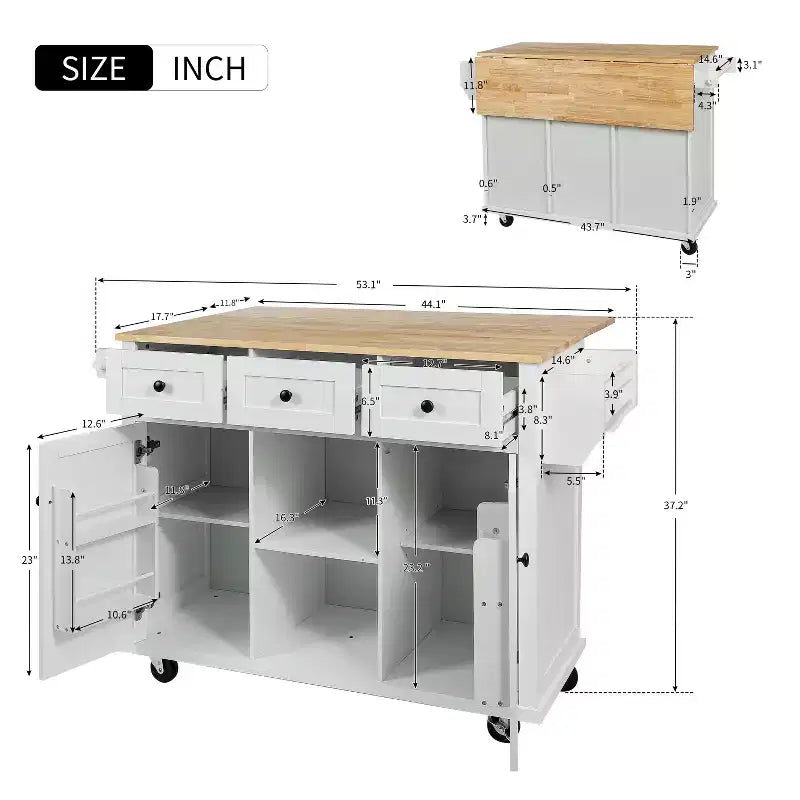 FAMYYT Rolling Green Drop Leaf Wood Top 53 in. Kitchen Island Cart with Storage Racks, Removable Shelves, 5 Wheels