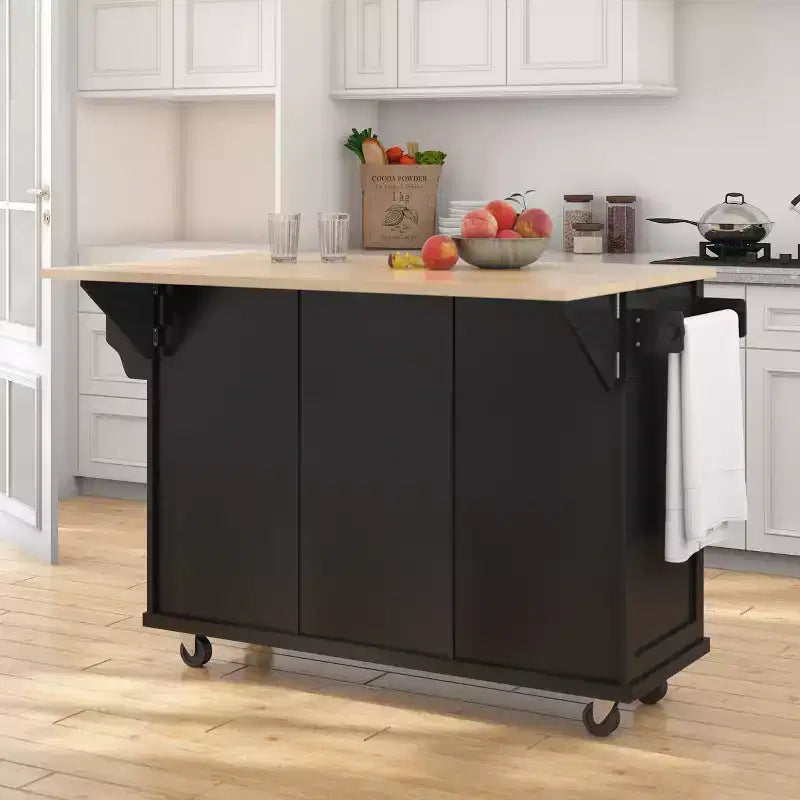 FAMYYT Rolling Green Drop Leaf Wood Top 53 in. Kitchen Island Cart with Storage Racks, Removable Shelves, 5 Wheels