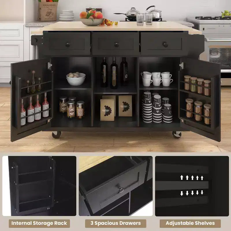 FAMYYT Rolling Green Drop Leaf Wood Top 53 in. Kitchen Island Cart with Storage Racks, Removable Shelves, 5 Wheels