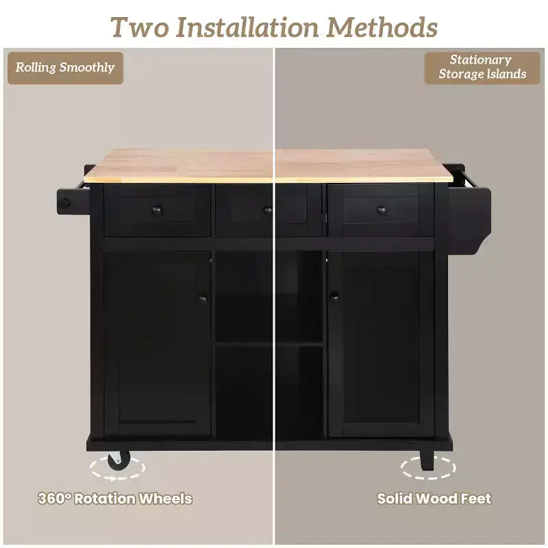 FAMYYT Rolling Green Drop Leaf Wood Top 53 in. Kitchen Island Cart with Storage Racks, Removable Shelves, 5 Wheels