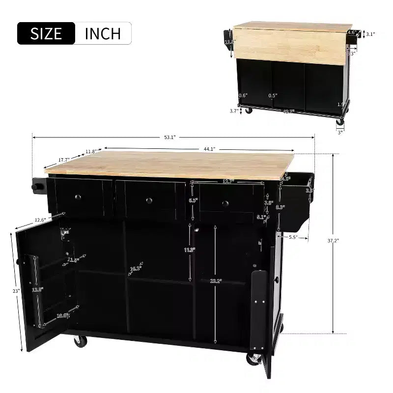 FAMYYT Rolling Green Drop Leaf Wood Top 53 in. Kitchen Island Cart with Storage Racks, Removable Shelves, 5 Wheels