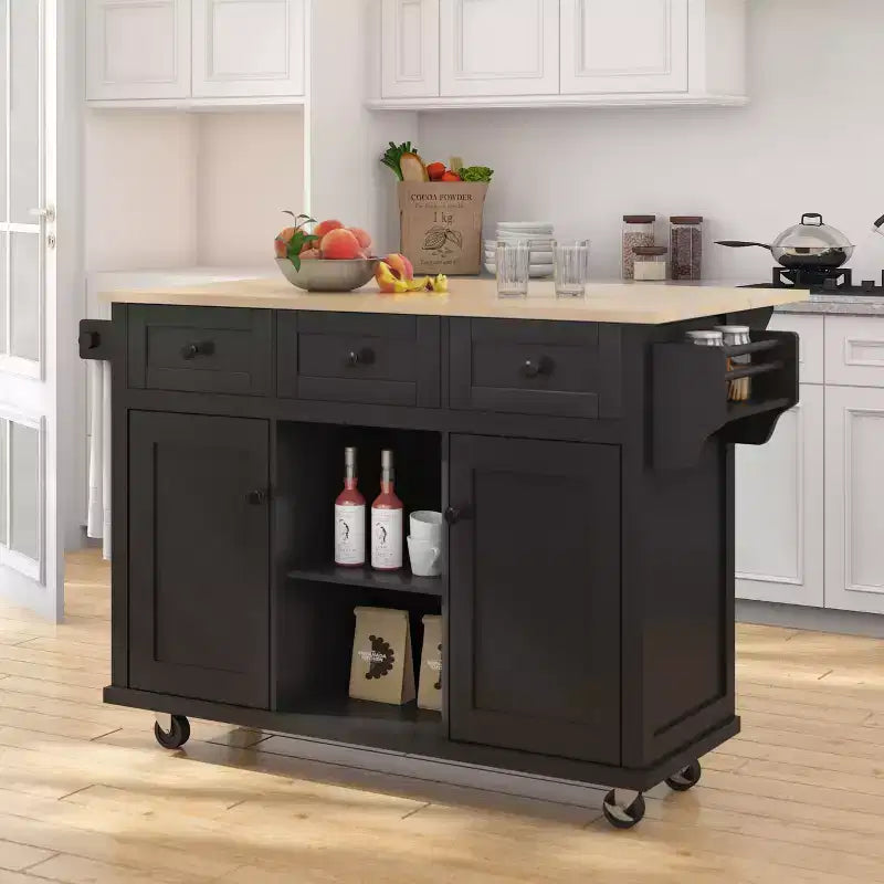 FAMYYT Rolling Green Drop Leaf Wood Top 53 in. Kitchen Island Cart with Storage Racks, Removable Shelves, 5 Wheels