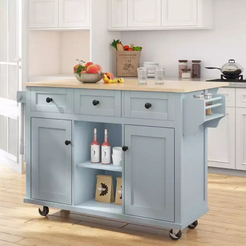 FAMYYT Rolling Green Drop Leaf Wood Top 53 in. Kitchen Island Cart with Storage Racks, Removable Shelves, 5 Wheels