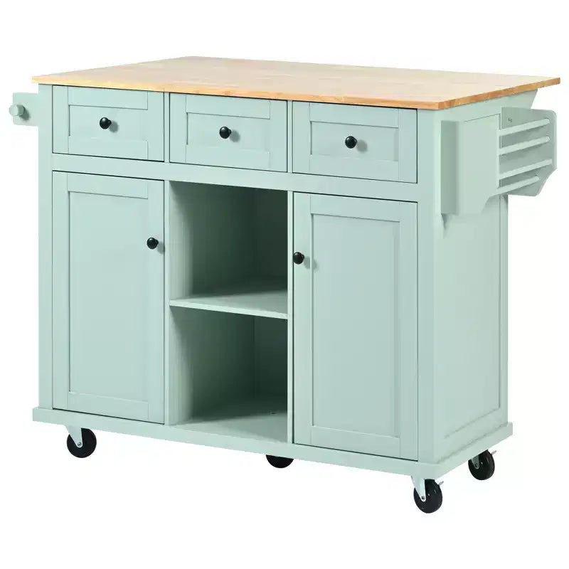FAMYYT Rolling Green Drop Leaf Wood Top 53 in. Kitchen Island Cart with Storage Racks, Removable Shelves, 5 Wheels