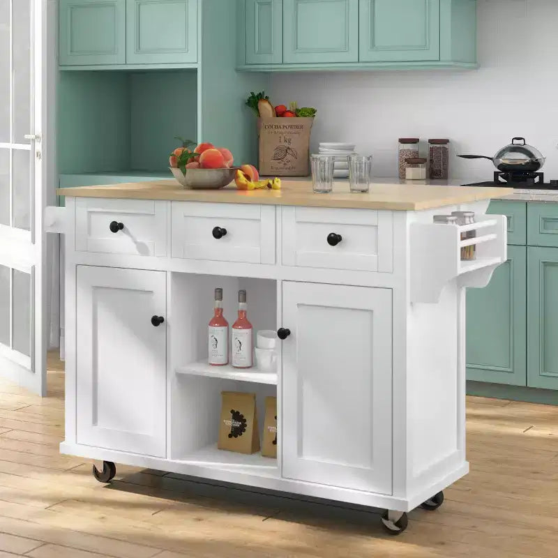 FAMYYT Rolling Green Drop Leaf Wood Top 53 in. Kitchen Island Cart with Storage Racks, Removable Shelves, 5 Wheels