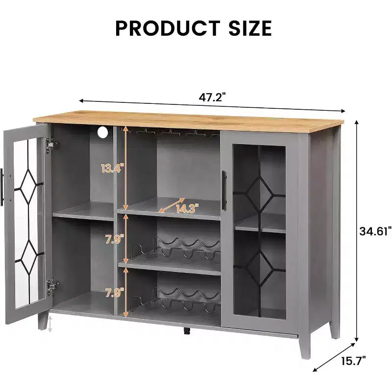 Wine Bar Cabinet, Glass Door Liquor Cabinet with Wine Rack, Coffee Bar Table with Storage, Liquor Sideboard with Adjustable Shelves for Living Room