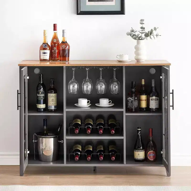 Wine Bar Cabinet, Glass Door Liquor Cabinet with Wine Rack, Coffee Bar Table with Storage, Liquor Sideboard with Adjustable Shelves for Living Room