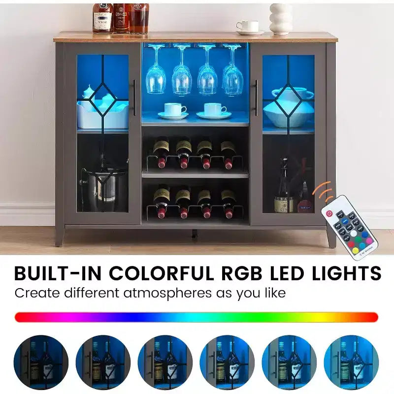 Wine Bar Cabinet, Glass Door Liquor Cabinet with Wine Rack, Coffee Bar Table with Storage, Liquor Sideboard with Adjustable Shelves for Living Room