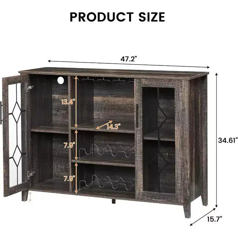 Wine Bar Cabinet, Glass Door Liquor Cabinet with Wine Rack, Coffee Bar Table with Storage, Liquor Sideboard with Adjustable Shelves for Living Room