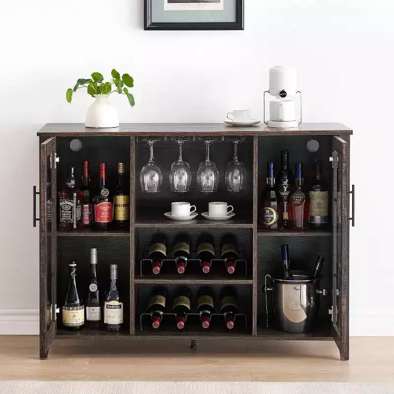 Wine Bar Cabinet, Glass Door Liquor Cabinet with Wine Rack, Coffee Bar Table with Storage, Liquor Sideboard with Adjustable Shelves for Living Room
