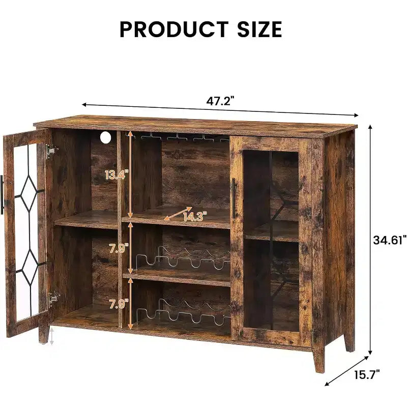 Wine Bar Cabinet, Glass Door Liquor Cabinet with Wine Rack, Coffee Bar Table with Storage, Liquor Sideboard with Adjustable Shelves for Living Room