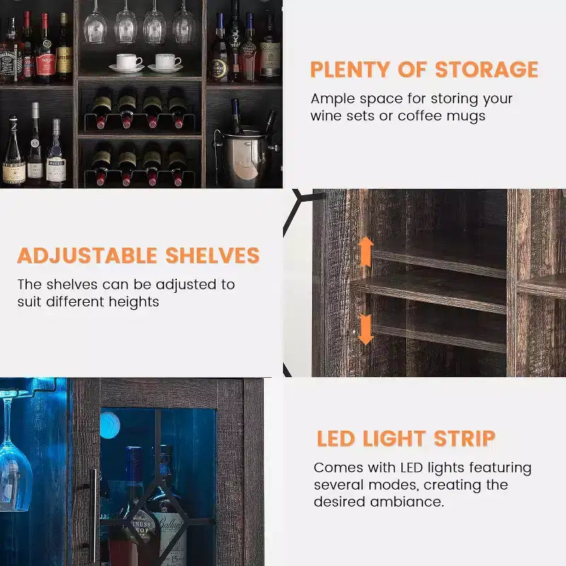 Wine Bar Cabinet, Glass Door Liquor Cabinet with Wine Rack, Coffee Bar Table with Storage, Liquor Sideboard with Adjustable Shelves for Living Room