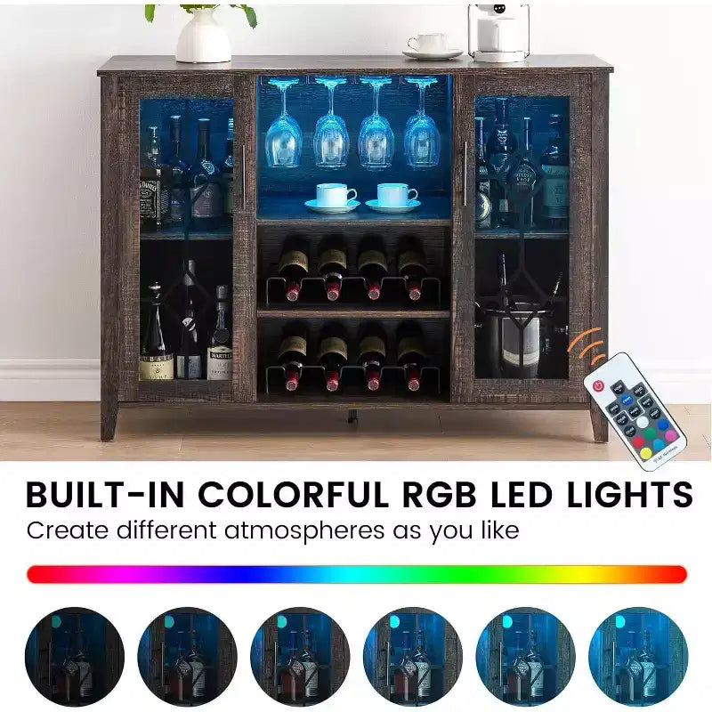 Wine Bar Cabinet, Glass Door Liquor Cabinet with Wine Rack, Coffee Bar Table with Storage, Liquor Sideboard with Adjustable Shelves for Living Room