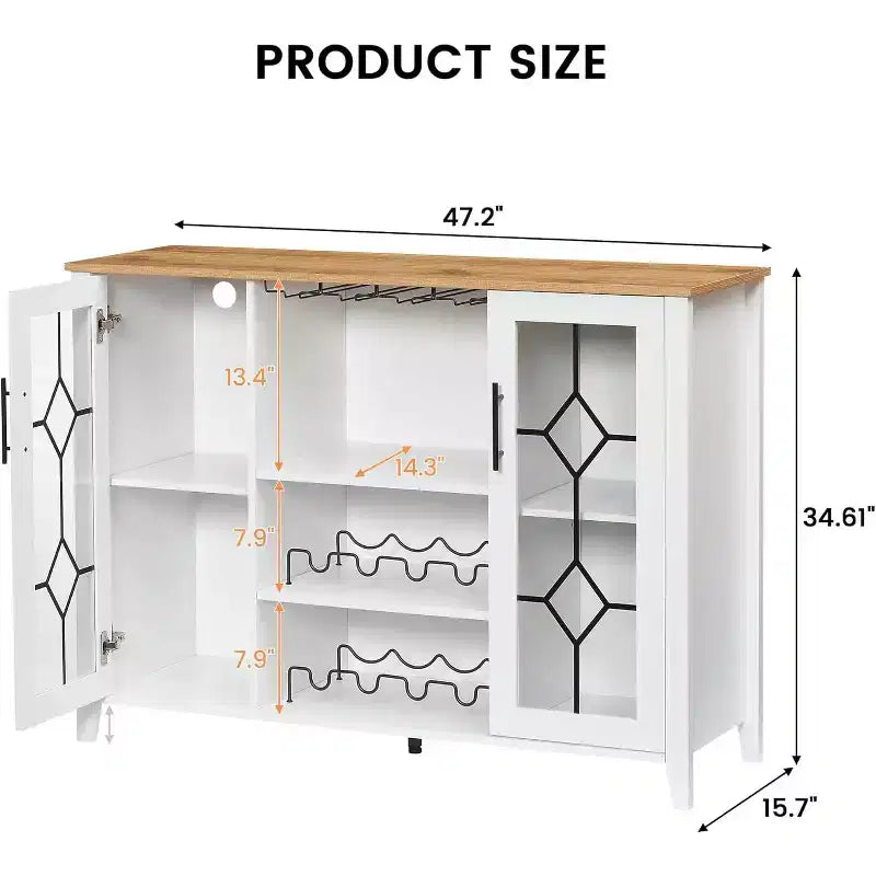 Wine Bar Cabinet, Glass Door Liquor Cabinet with Wine Rack, Coffee Bar Table with Storage, Liquor Sideboard with Adjustable Shelves for Living Room
