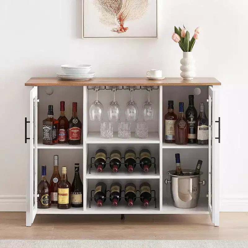 Wine Bar Cabinet, Glass Door Liquor Cabinet with Wine Rack, Coffee Bar Table with Storage, Liquor Sideboard with Adjustable Shelves for Living Room