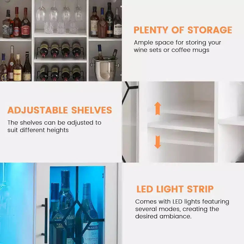 Wine Bar Cabinet, Glass Door Liquor Cabinet with Wine Rack, Coffee Bar Table with Storage, Liquor Sideboard with Adjustable Shelves for Living Room