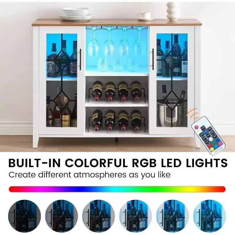 Wine Bar Cabinet, Glass Door Liquor Cabinet with Wine Rack, Coffee Bar Table with Storage, Liquor Sideboard with Adjustable Shelves for Living Room