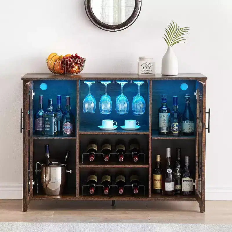 Wine Bar Cabinet, Glass Door Liquor Cabinet with Wine Rack, Coffee Bar Table with Storage, Liquor Sideboard with Adjustable Shelves for Living Room