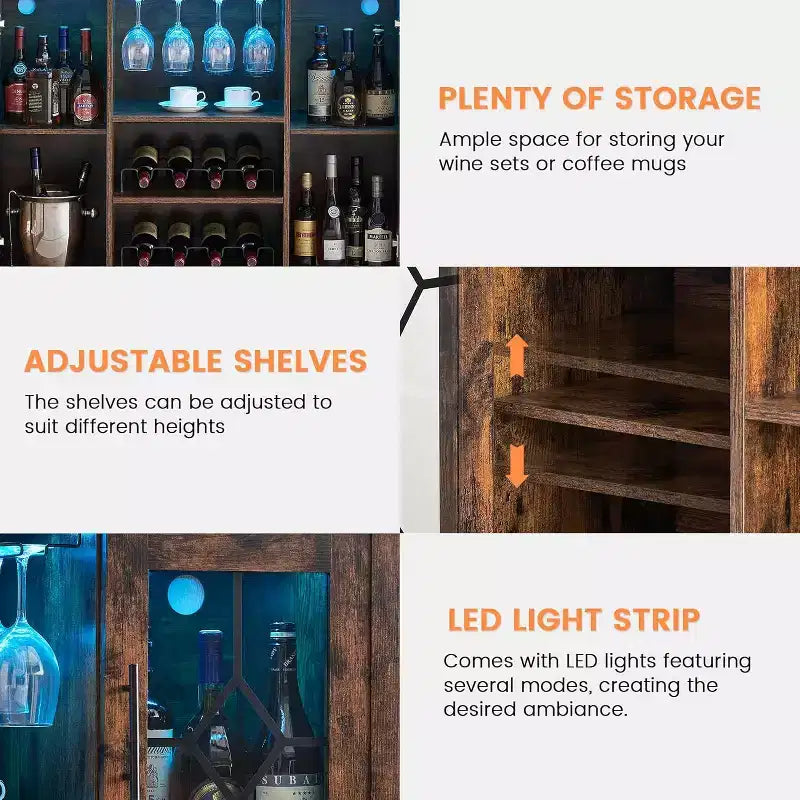Wine Bar Cabinet, Glass Door Liquor Cabinet with Wine Rack, Coffee Bar Table with Storage, Liquor Sideboard with Adjustable Shelves for Living Room