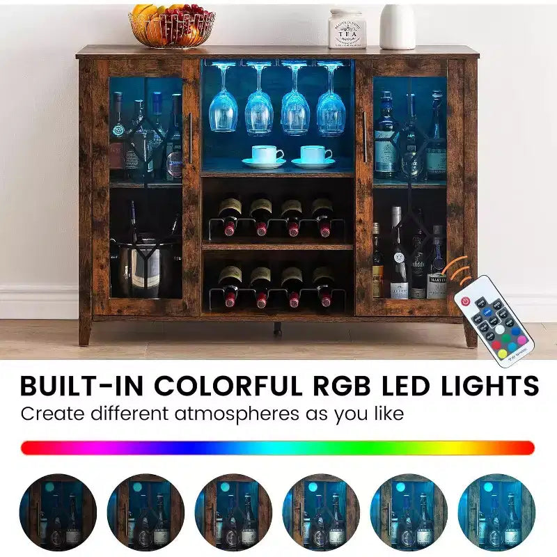 Wine Bar Cabinet, Glass Door Liquor Cabinet with Wine Rack, Coffee Bar Table with Storage, Liquor Sideboard with Adjustable Shelves for Living Room