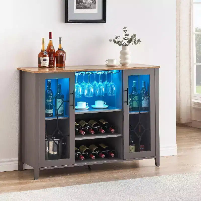 Wine Bar Cabinet, Glass Door Liquor Cabinet with Wine Rack, Coffee Bar Table with Storage, Liquor Sideboard with Adjustable Shelves for Living Room