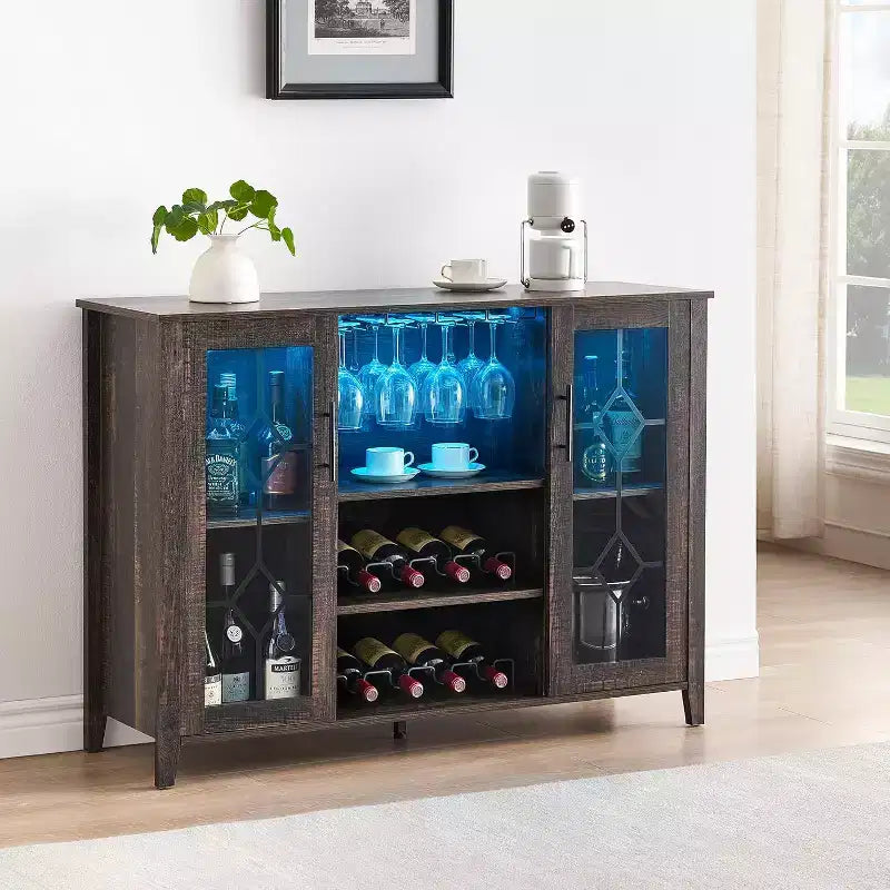 Wine Bar Cabinet, Glass Door Liquor Cabinet with Wine Rack, Coffee Bar Table with Storage, Liquor Sideboard with Adjustable Shelves for Living Room