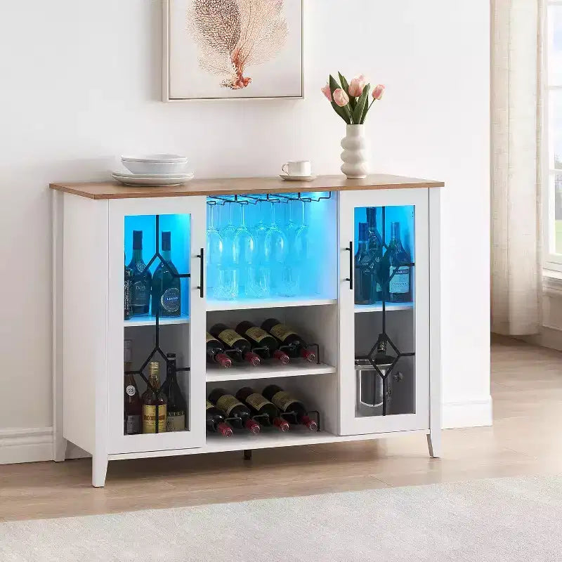 Wine Bar Cabinet, Glass Door Liquor Cabinet with Wine Rack, Coffee Bar Table with Storage, Liquor Sideboard with Adjustable Shelves for Living Room