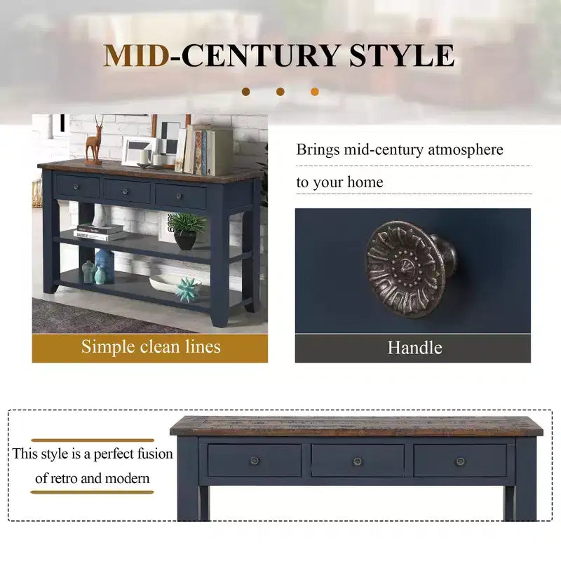 Modern Entryway Table, 48 Pine Wood Console Table with 3 Top Drawers and 2 Open Style Bottom Shelves, for Living Room, Dining Room and Corridor