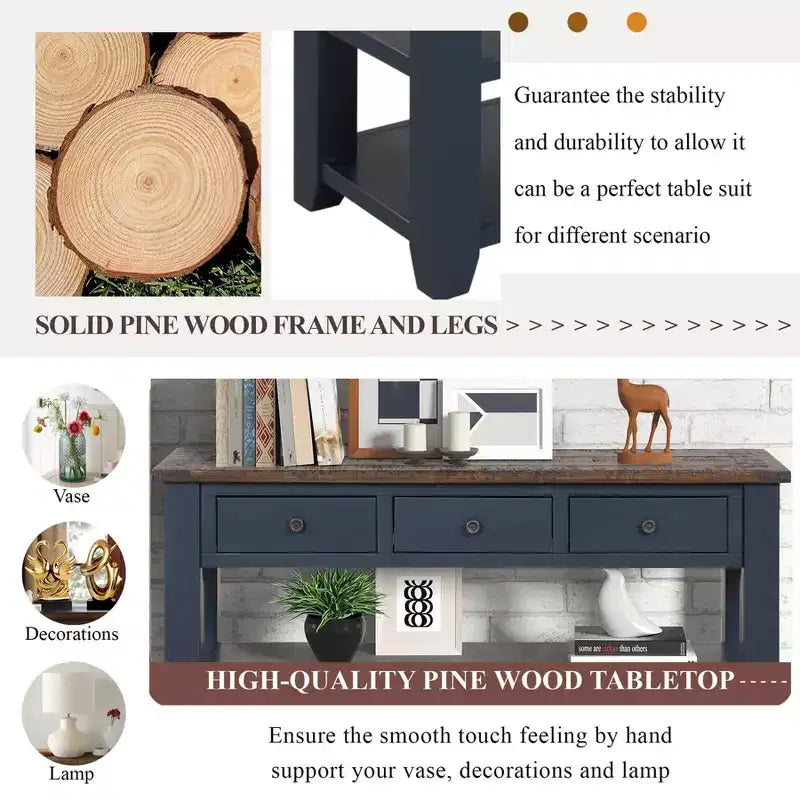Modern Entryway Table, 48 Pine Wood Console Table with 3 Top Drawers and 2 Open Style Bottom Shelves, for Living Room, Dining Room and Corridor