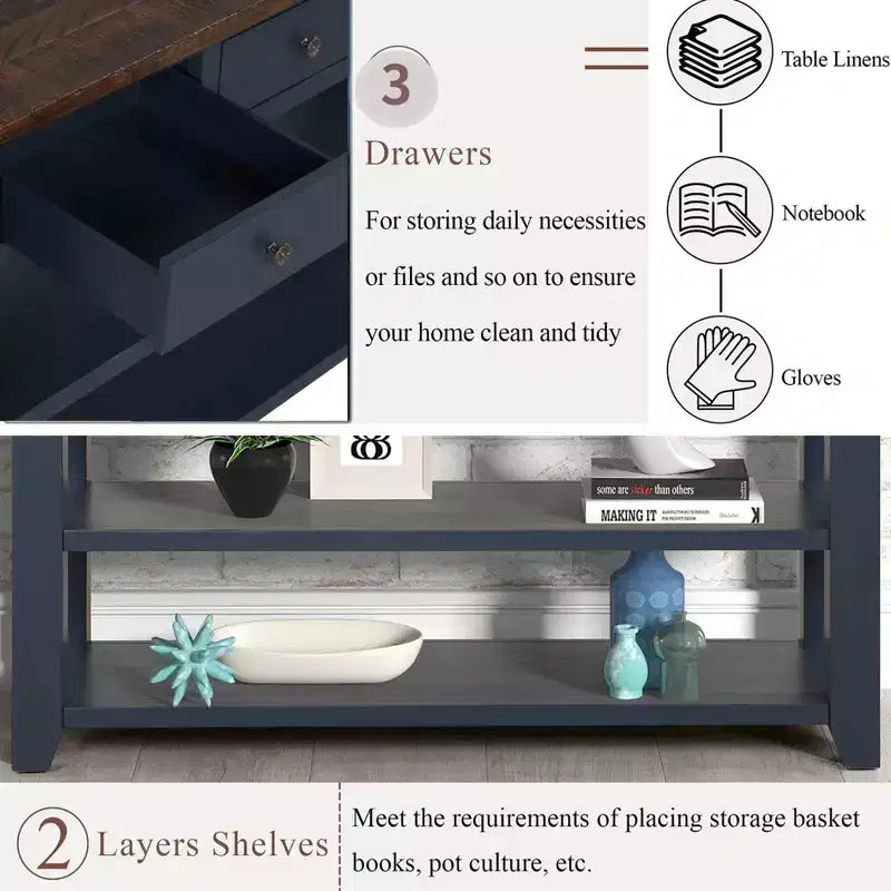 Modern Entryway Table, 48 Pine Wood Console Table with 3 Top Drawers and 2 Open Style Bottom Shelves, for Living Room, Dining Room and Corridor