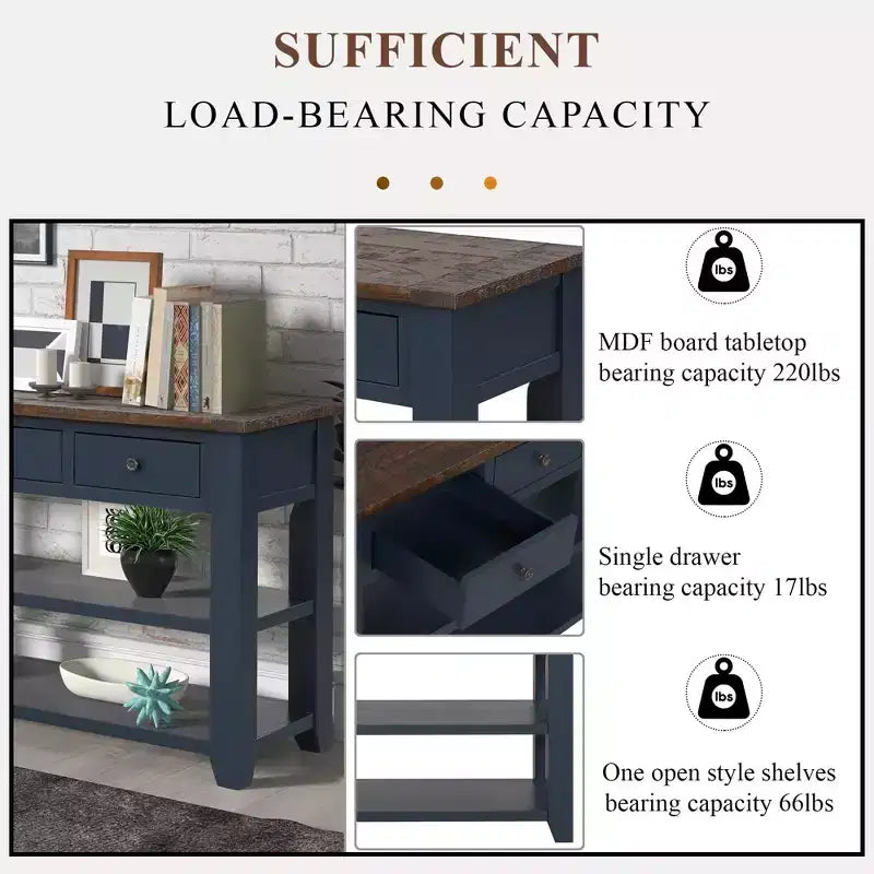 Modern Entryway Table, 48 Pine Wood Console Table with 3 Top Drawers and 2 Open Style Bottom Shelves, for Living Room, Dining Room and Corridor