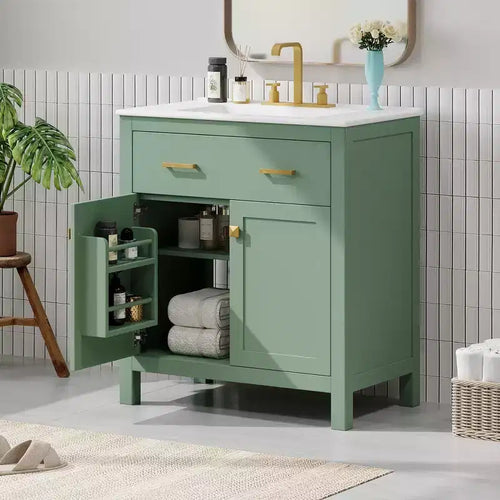 30 Inch Modern Bathroom Vanity with Ceramic Sink, Flip-Out Drawer, 2 Soft Close Doors & Storage Shelves, Green Bathroom Cabinet