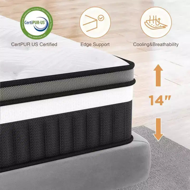 14 Inch Queen Mattress in a box Hybrid Spring Memory Foam Medium Firm, Antimicrobial Fabric Cover, White