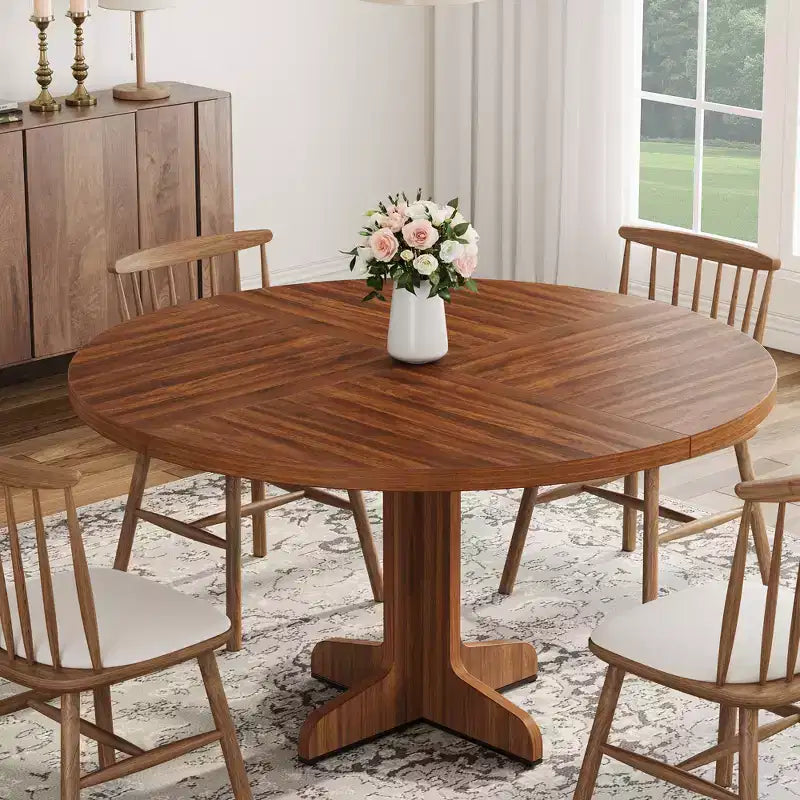 Round Dining Table, 47 Inches Dining Room Table with Wooden Pedestal Base, Dinner Tables for 4-6 People, Kitchen Tables for Dining Room