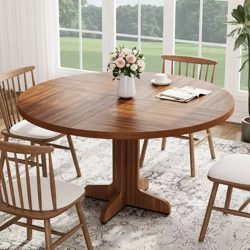 Round Dining Table, 47 Inches Dining Room Table with Wooden Pedestal Base, Dinner Tables for 4-6 People, Kitchen Tables for Dining Room