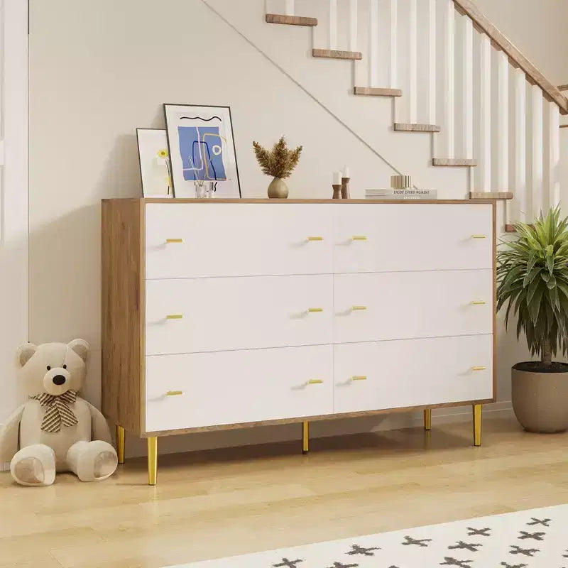 COZONY 47 Farmhouse Dresser with 6 Drawers, Natural Wood Rustic Chest & Bar Handles for Living Room & Bedroom