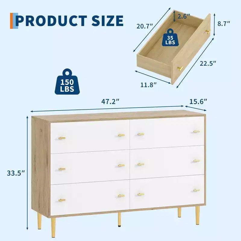 COZONY 47 Farmhouse Dresser with 6 Drawers, Natural Wood Rustic Chest & Bar Handles for Living Room & Bedroom